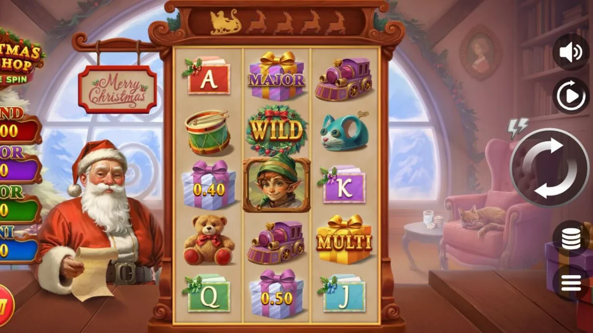 Christmas Workshop: Hold The Spin slot interface na may mga regalo at holiday theme.